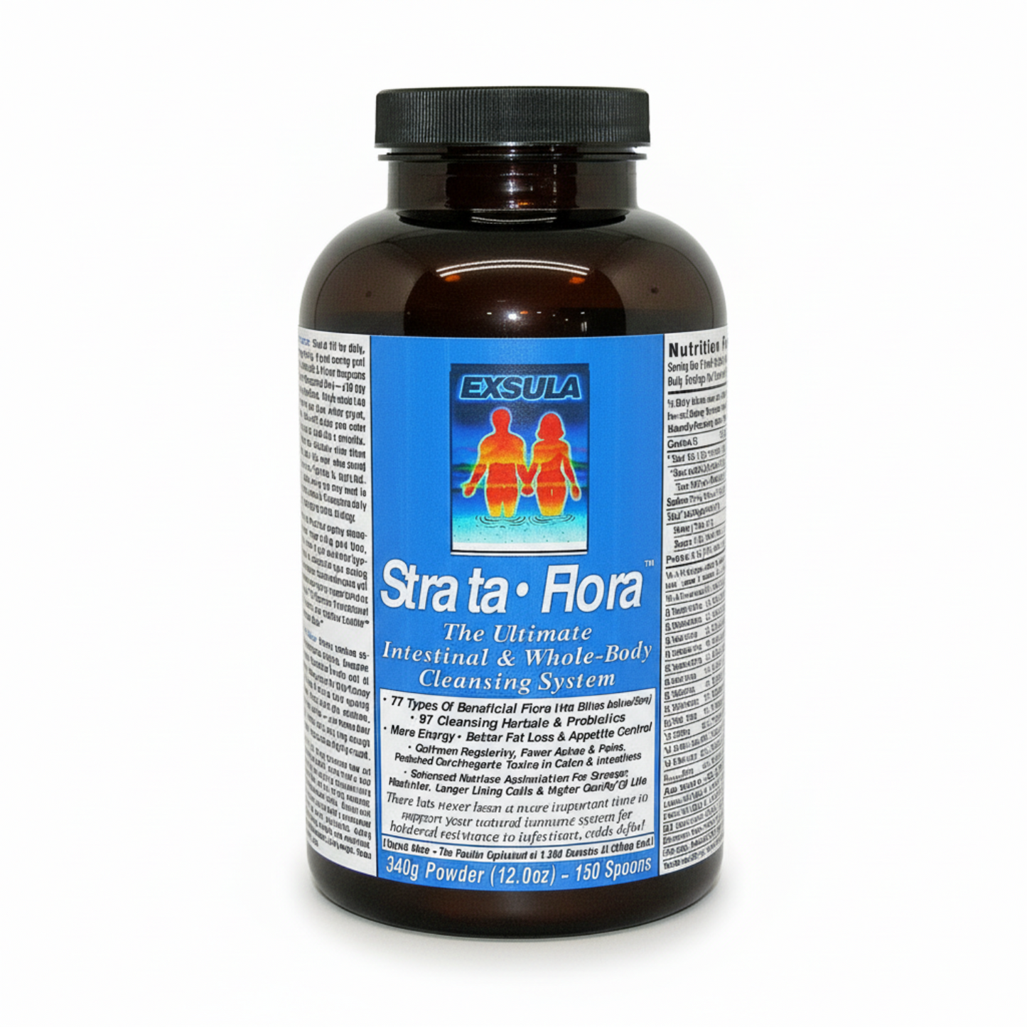 Black bottle of Strata Flora with Exsula label on a white background