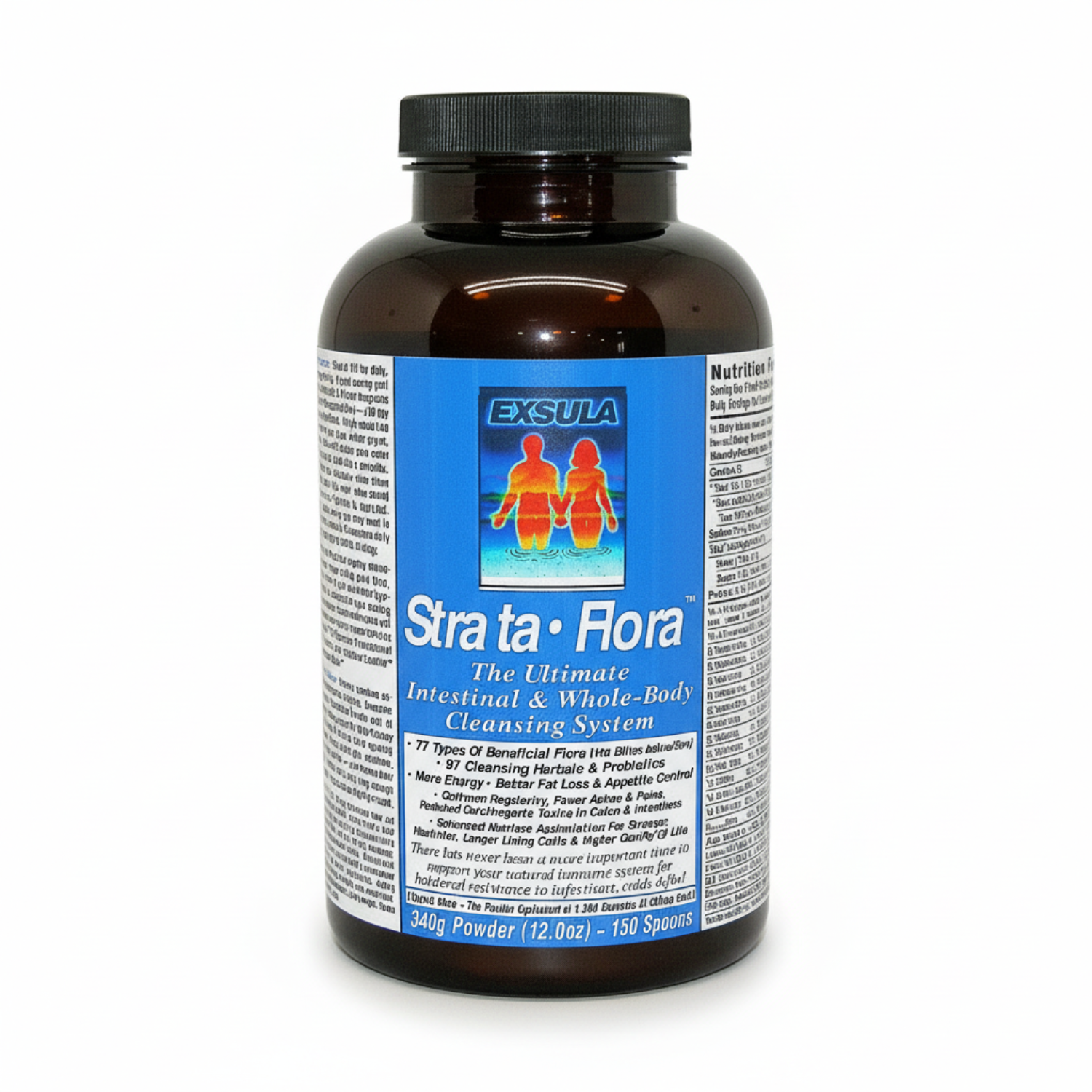 Black bottle of Strata Flora with Exsula label on a white background