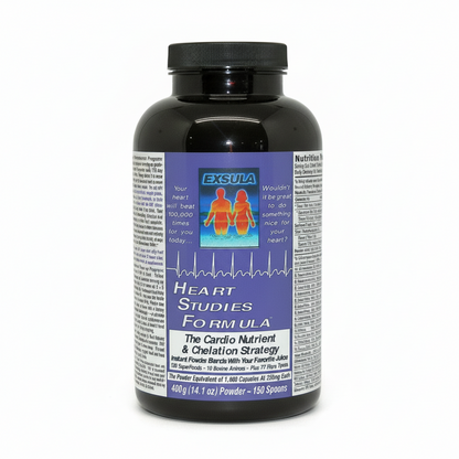 Bottle of Exsula Heart Studies FO RM ULA supplement with a purple label on a white background