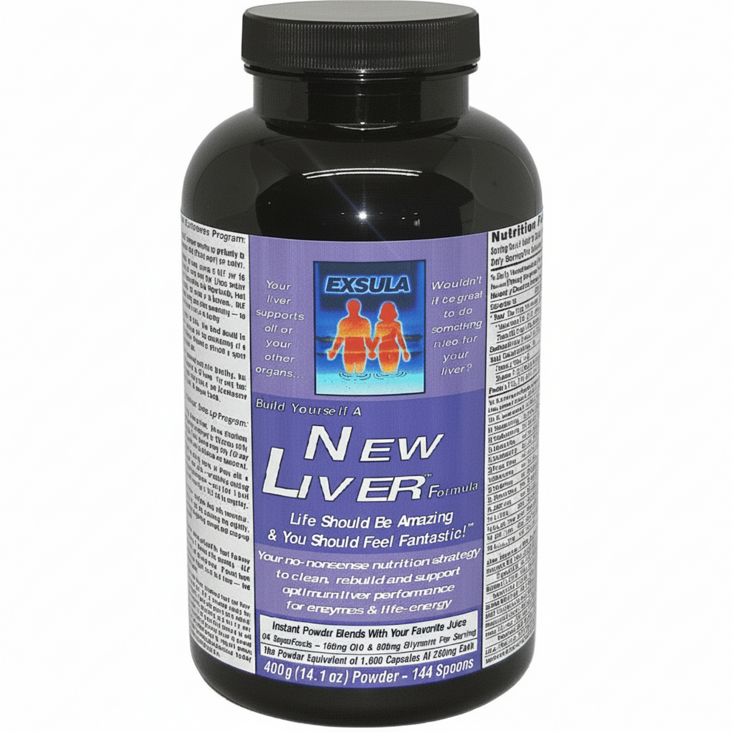 Supplement bottle labeled 'New Liver' with Exsula branding on a white background
