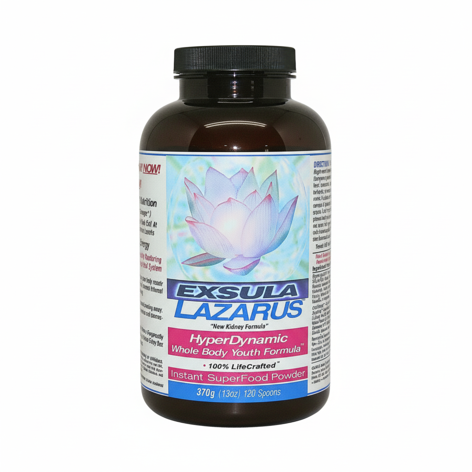 Bottle of Exsula Lazarus hyperDynamic Whole Body Youth Formula with a colorful label featuring a lotus flower.