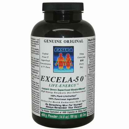 Black supplement bottle labeled 'Exceala-50' with Exsula branding on a white background