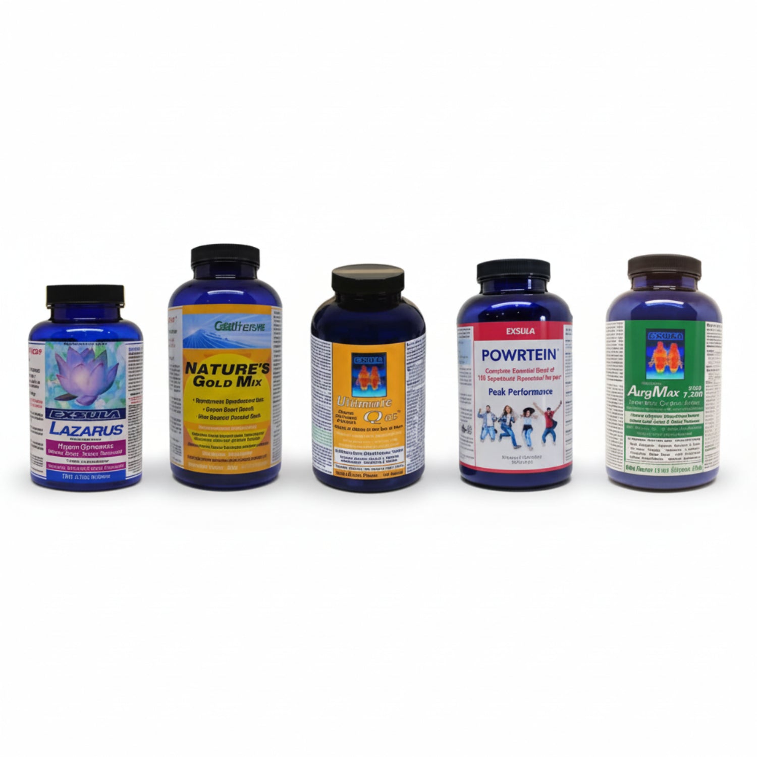 five bottles, Exsula Lazarus, GaiaThera Nature's Gold Mi, Exsula Ultimate Q10, Exsula Powrtein and Exsula AuraMax
