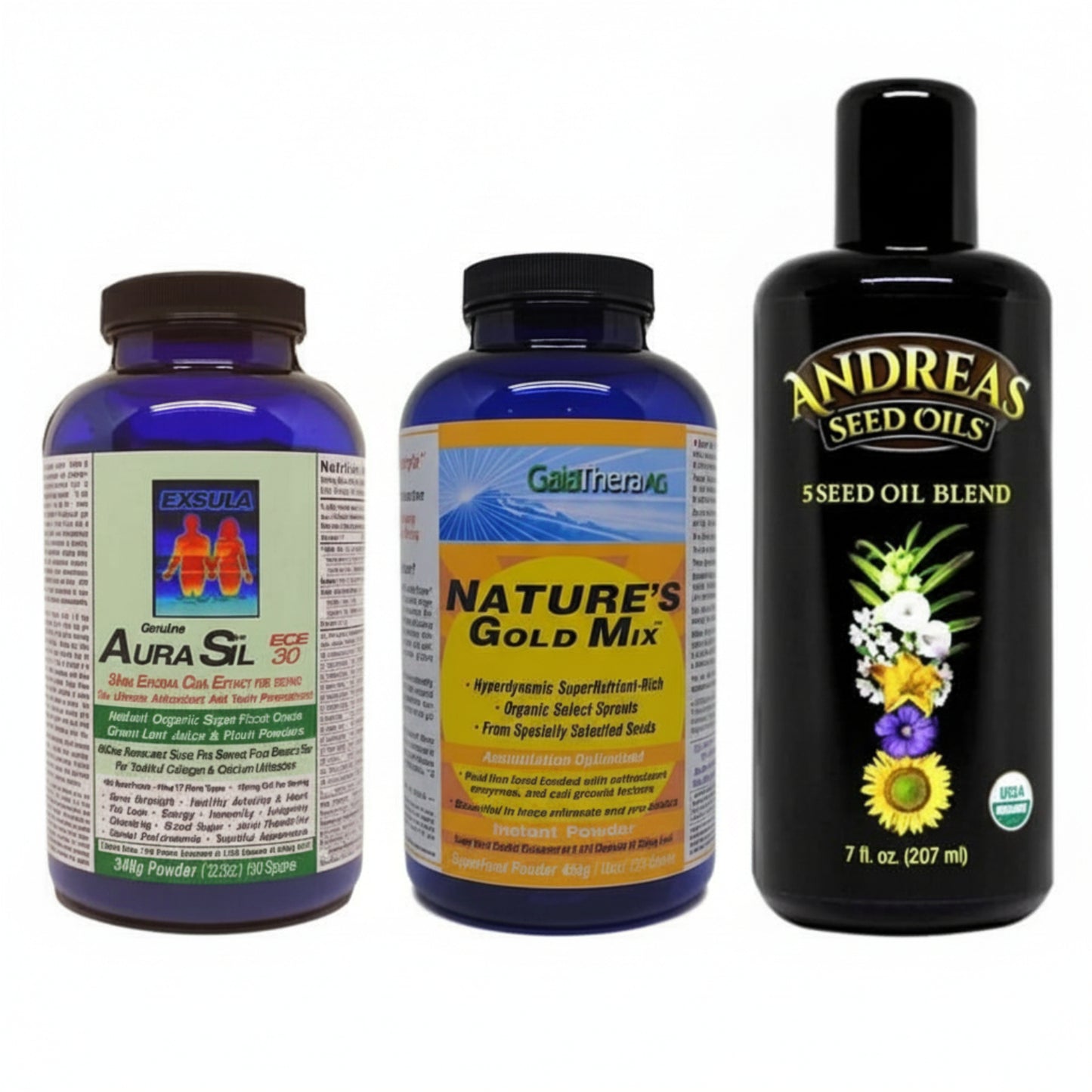 three products, Exsula AuraSil, GaiaThera Nature's Gold Mix, Andreas Seed Oils 5 Seed Blend on white background