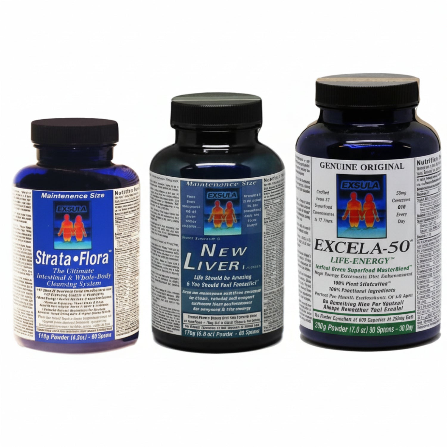 three products from Exsula Superfoods 1. Strata-Flora 2. New Liver 3. Excela-50