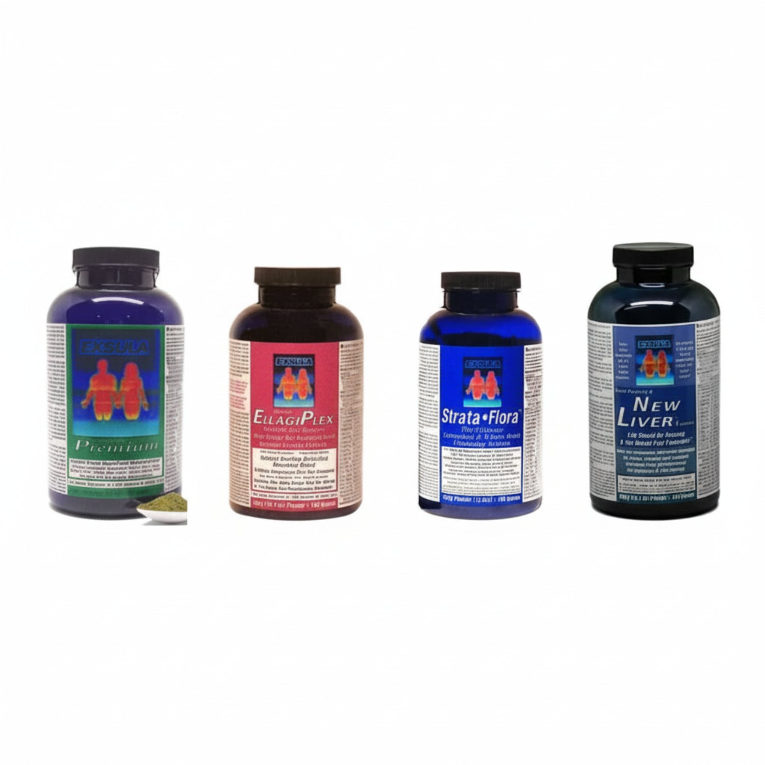 four products from Exsula Superfood: 1. Premium (11.7oz) Superfood blend helps energy and rejuvenation 2. EllagiPlex (14oz) Powerful anti-tumor formula 3. Strata-Flora (12oz)
Helps cleanse and rebuild digestive health 4. New Liver (14oz)
May rebuild damaged liver function