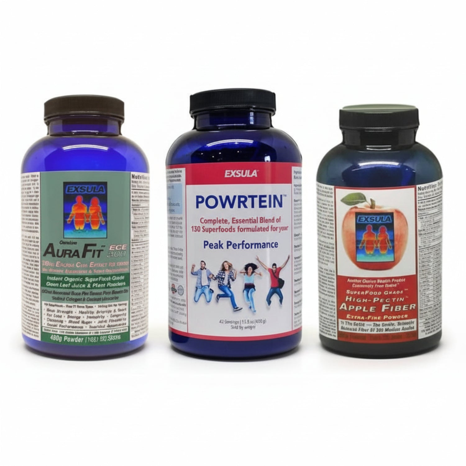 Three products from Exsula Superfoods: 1. AuraFit (14oz)
Helps increase mobility. Supports strength of bones, connective tissues and arteries. Helps boost energy 2. Powrtein (15.8oz) Helps control appetite, build muscle and burn fat. May increase energy, memory and immunity 3. Apple Fiber (10.6oz)
Improve digestive regularity. May reduce cholesterol and strengthen immunity