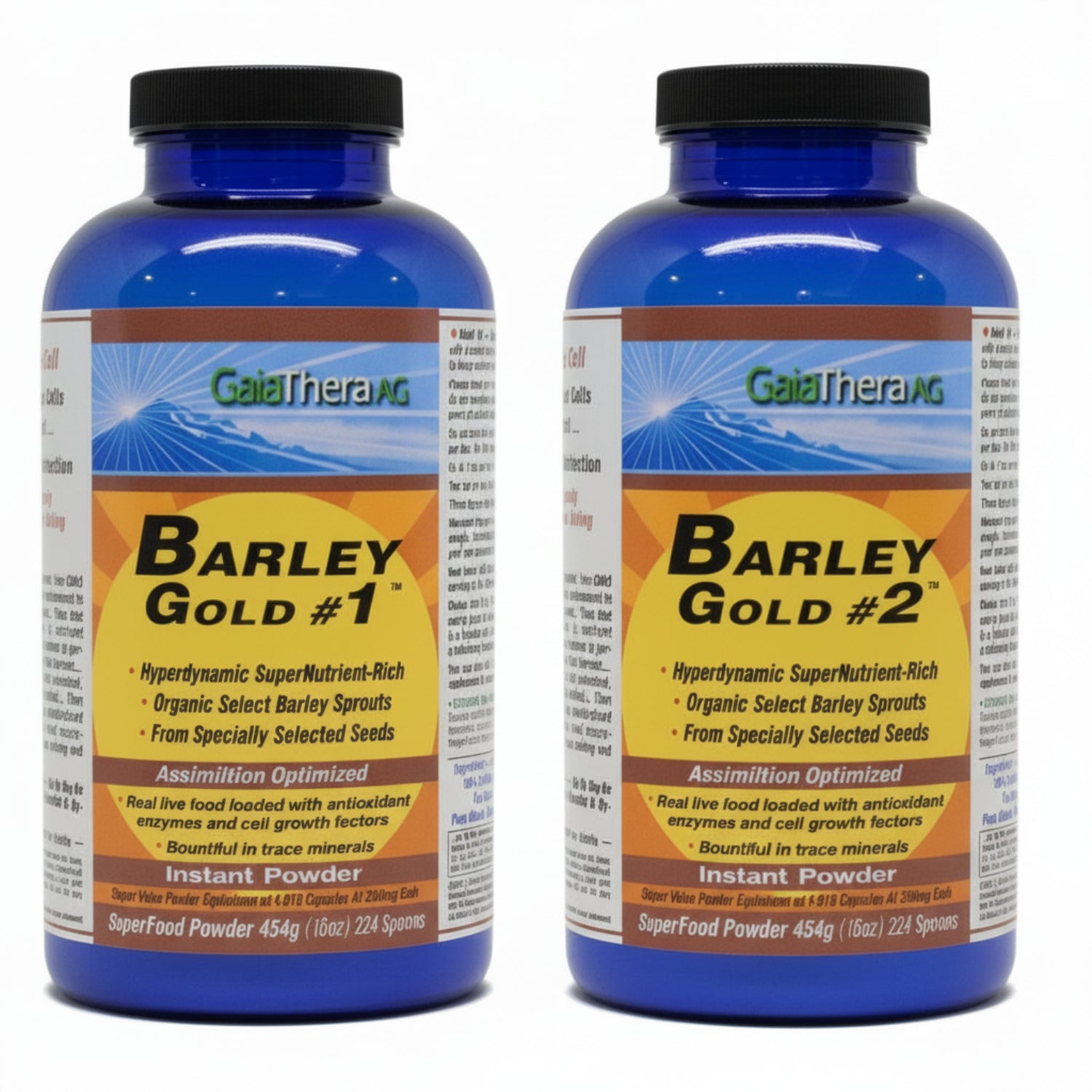 two blue bottles with black lids, label blue, white orange and gold, Barley Gold #1 and Barley Gold #2, Hyperdynamic SuperNutrient-Rich, organic select barley sprouts from specially selected seeds, assimilation optimized, real live food loaded with antioxidants, enzymes and cell growth factors, instant powder, 454g/16oz/224 spoons