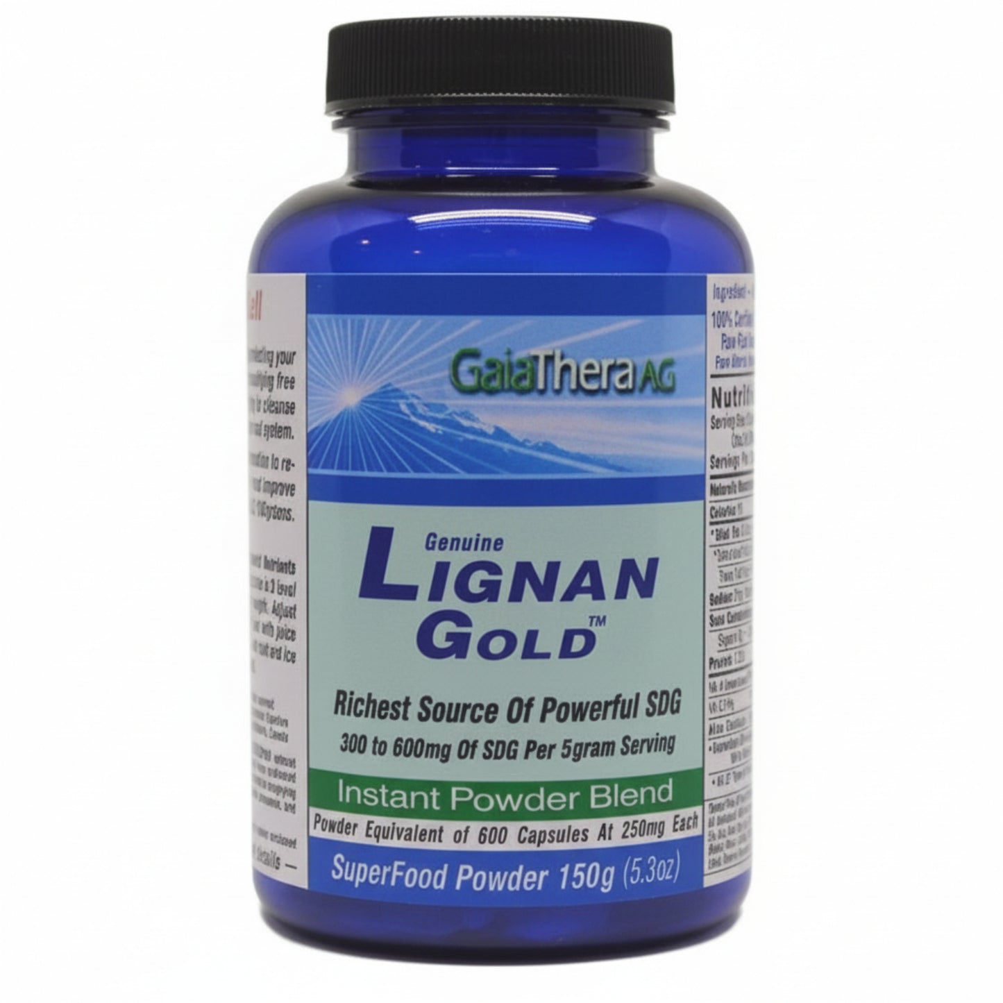 Blue supplement bottle labeled 'Genuine Lignan Gold' by GaiaTherapy on a white background