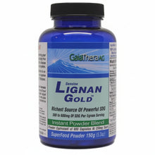 Blue supplement bottle labeled 'Genuine Lignan Gold' by GaiaTherapy on a white background