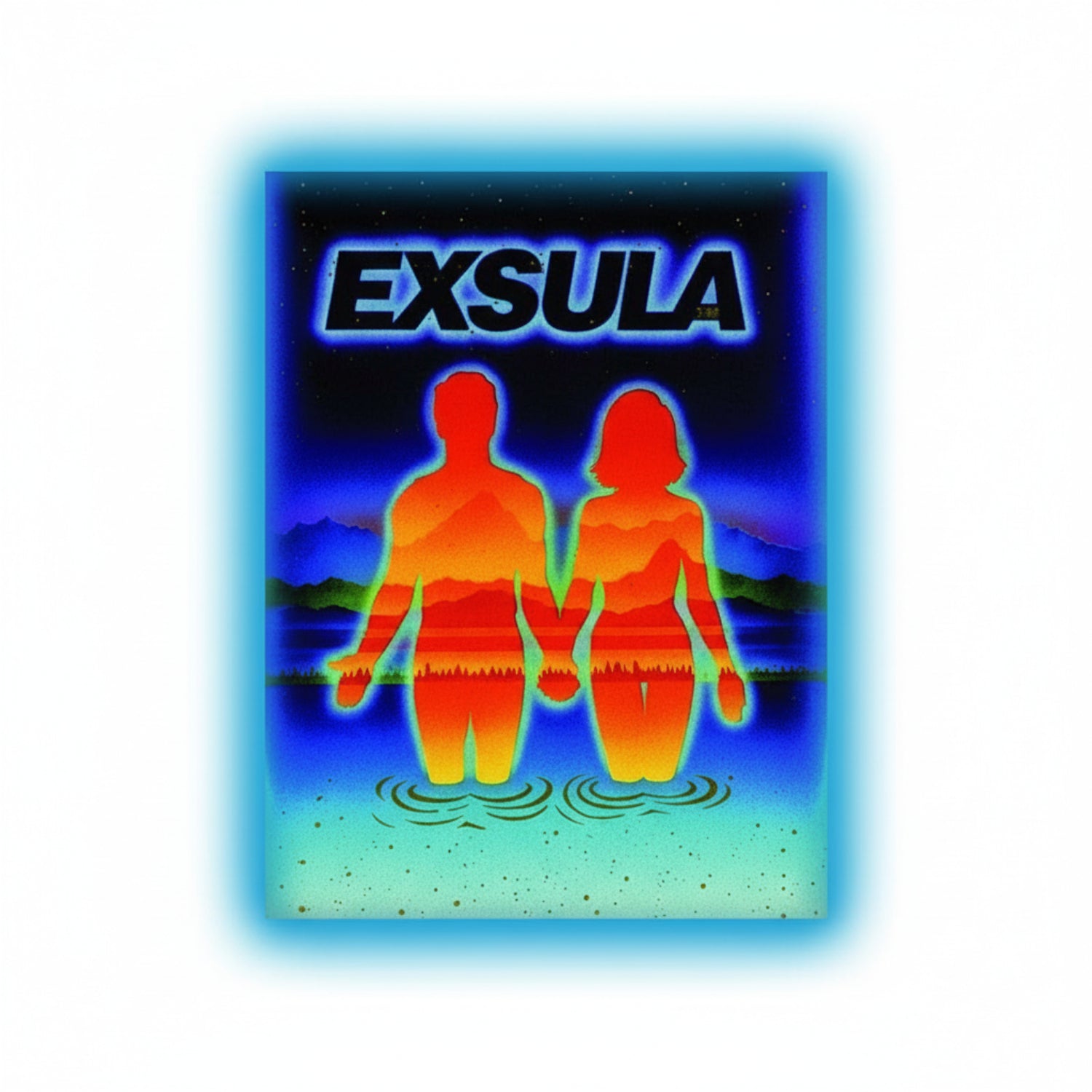 Poster with 'EXSULA' branding featuring silhouettes of a man and woman holding hands over water.