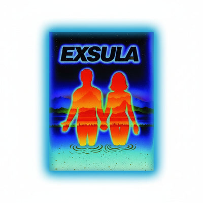 Poster with 'EXSULA' branding featuring silhouettes of a man and woman holding hands over water.