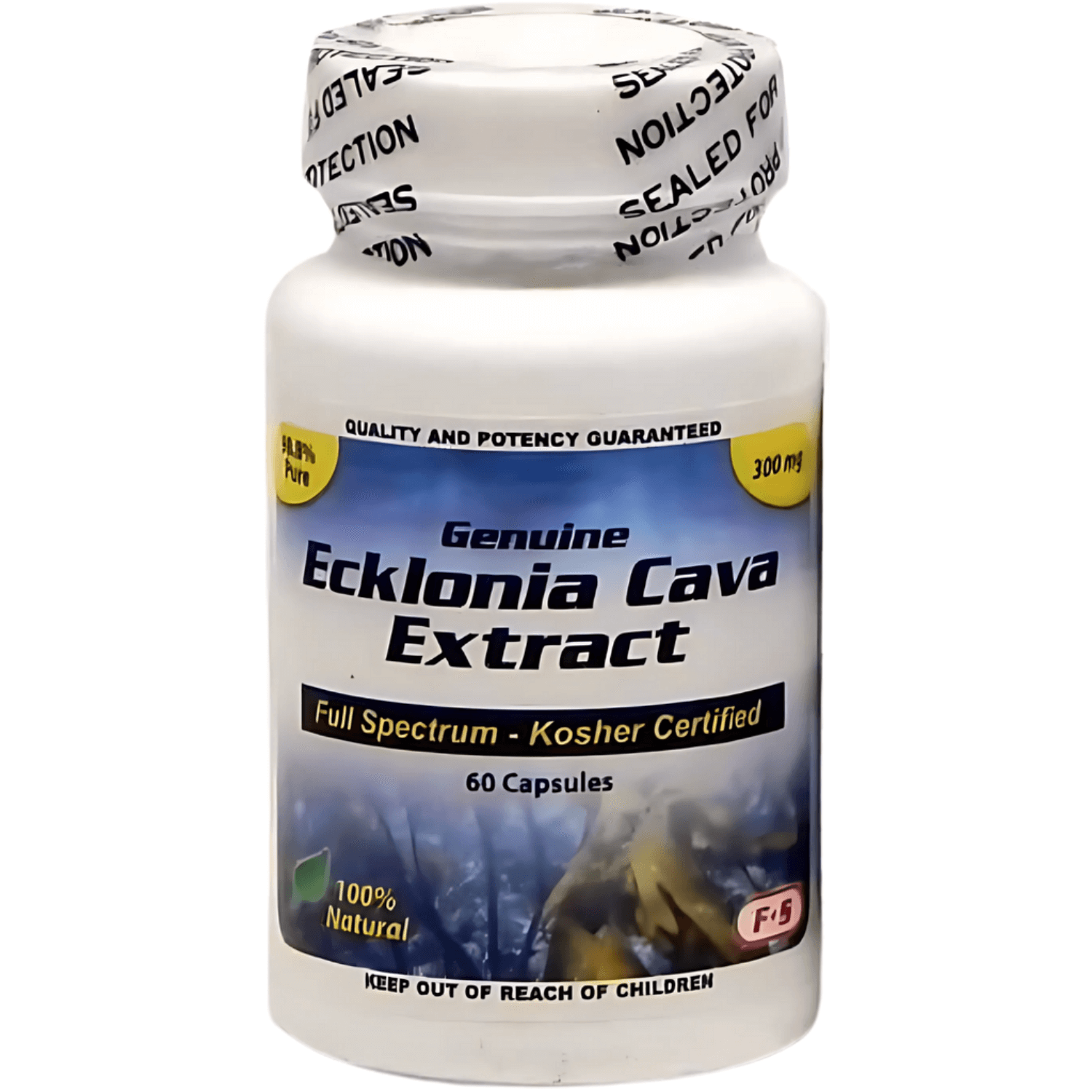Pure Ecklonia Cava Extract Capsules product bottle displaying 300 mg, 60 capsules, full spectrum, kosher certified.