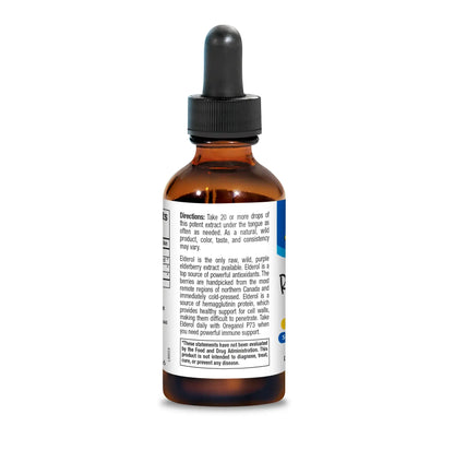 Raw Wild Elderberry Extract dropper bottle with usage directions for immune support by North American Herb & Spice.
