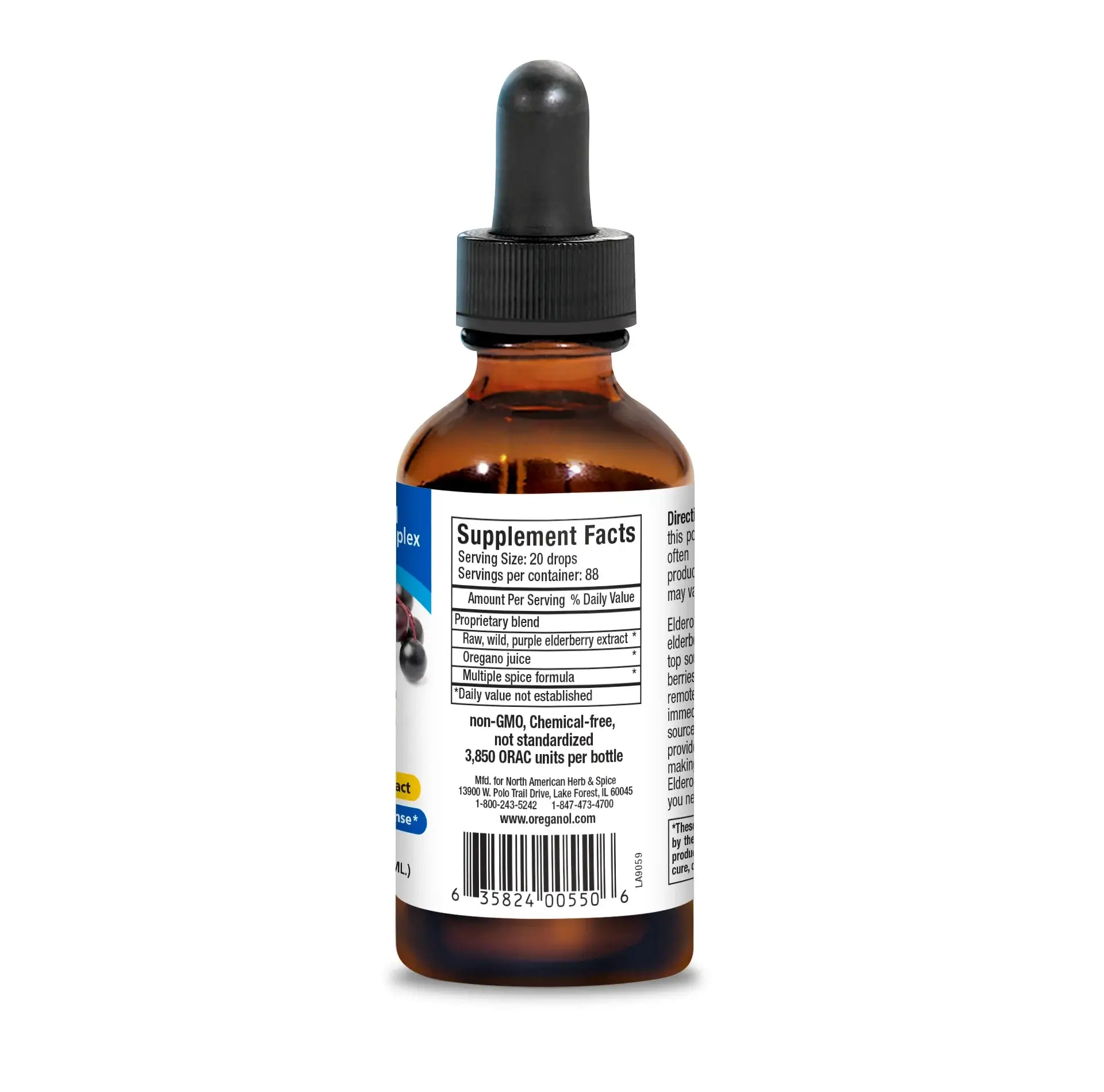 Bottle of Raw Wild Elderberry Extract supplement showing supplement facts and dropper top.