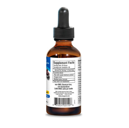 Bottle of Raw Wild Elderberry Extract supplement showing supplement facts and dropper top.