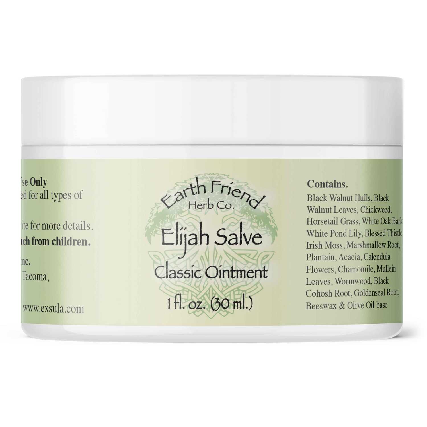 Jar of Elijah Salve with Earth Friend Herb Co. branding on a white background