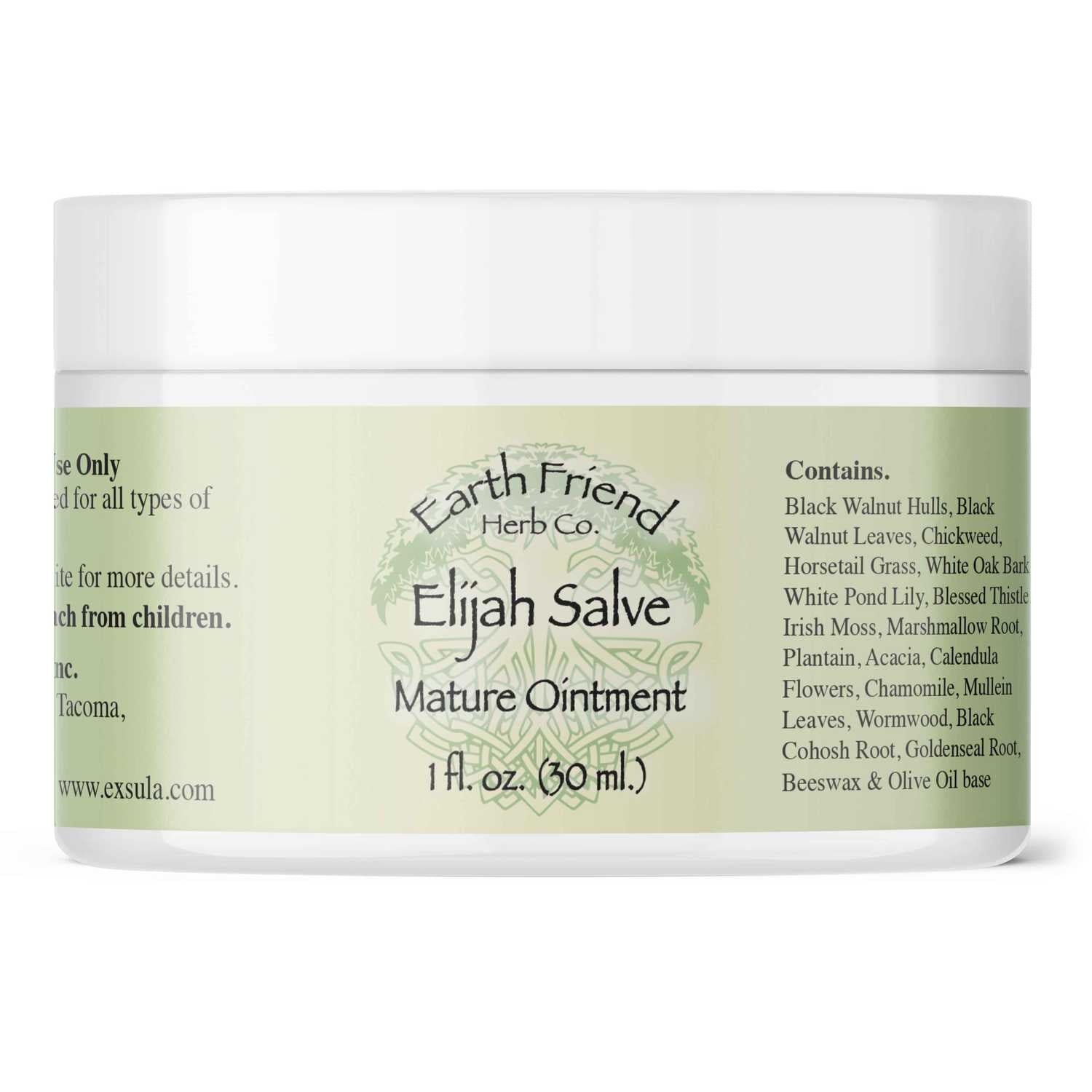 Jar of Elijah Salve Mature Ointment with Earth Friend Herb Co. label on a white background