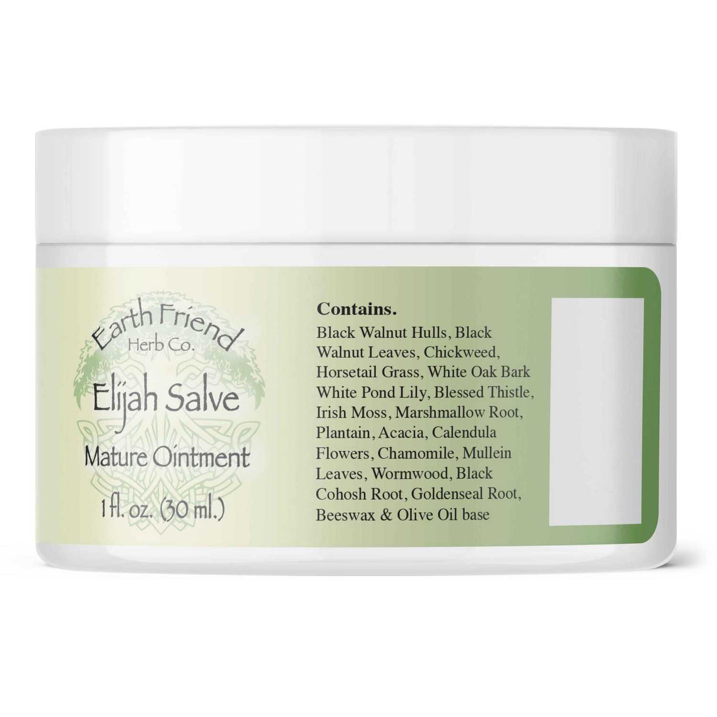 Jar of Earth Friend Herb Co. Elijah Salve Mature Ointment on a white background