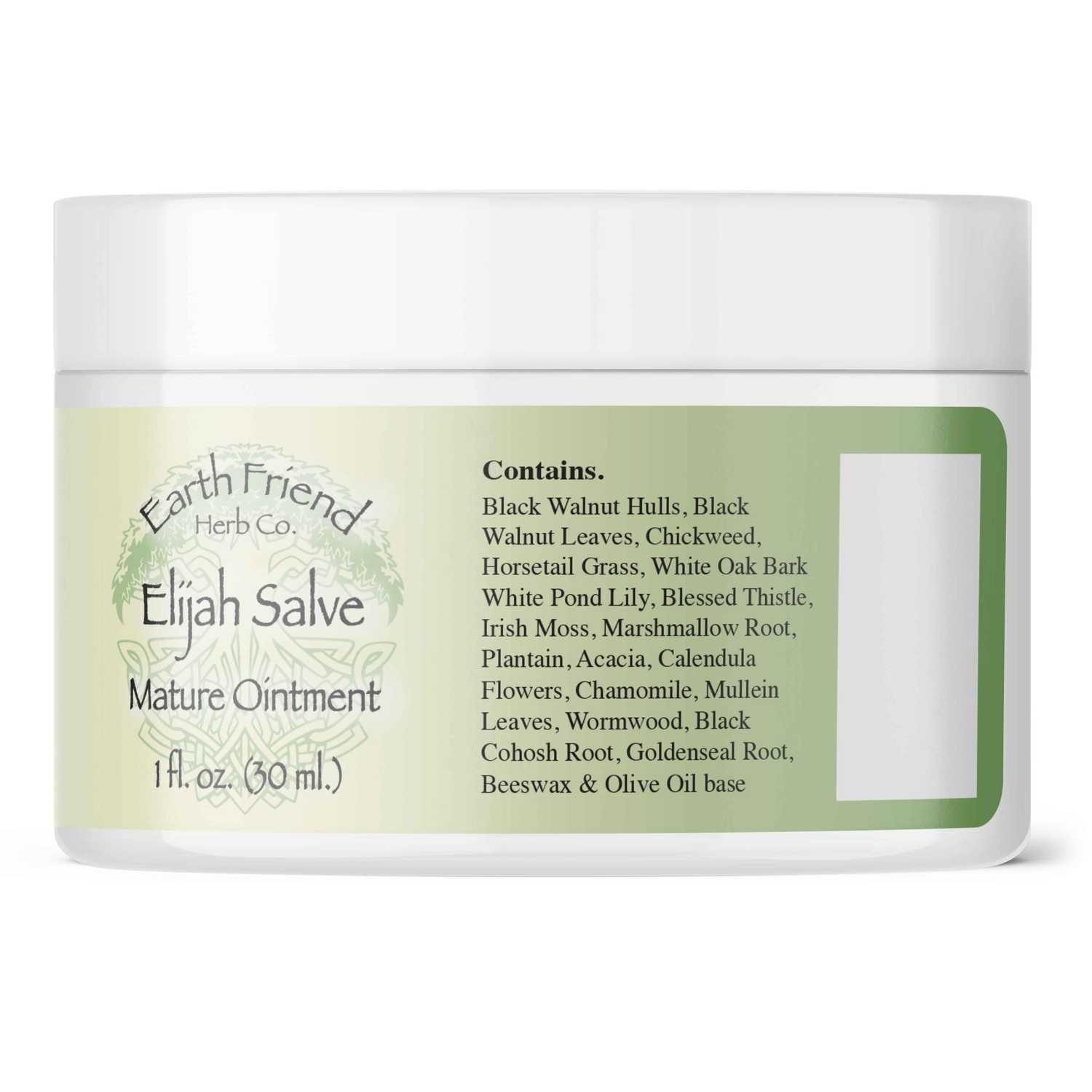 Jar of Earth Friend Herb Co. Elijah Salve Mature Ointment on a white background
