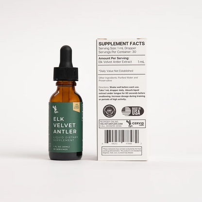 Bottle of Elk Velvet Antler supplement with dropper and label on a white background