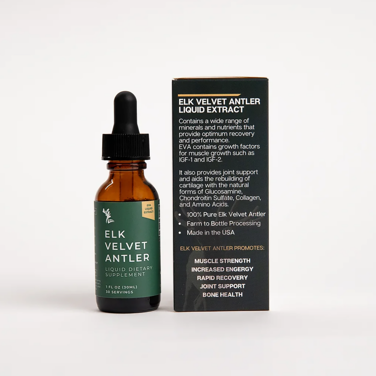 Elk velvet antler liquid extract bottle with dropper and packaging on a white background