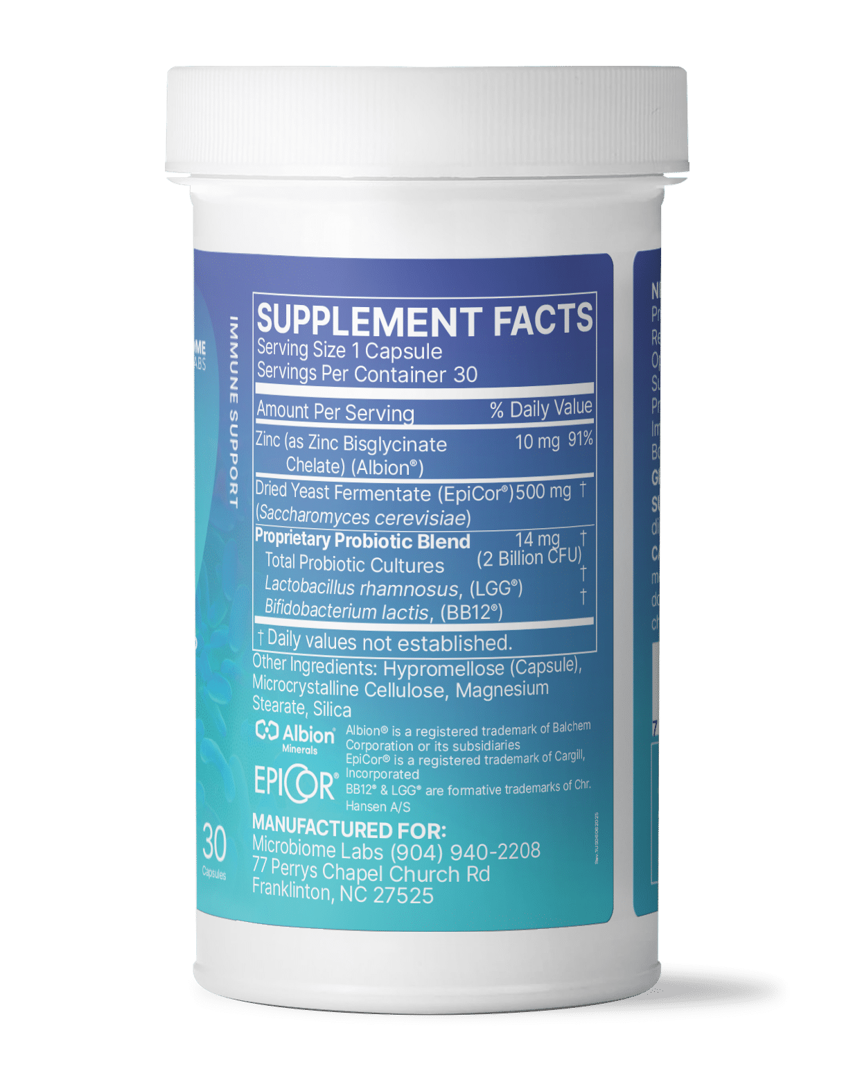 EpicDefense Advanced Immune Support Formula supplement container with supplement facts and probiotic blend details.