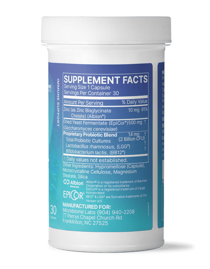 EpicDefense Advanced Immune Support Formula supplement container with supplement facts and probiotic blend details.