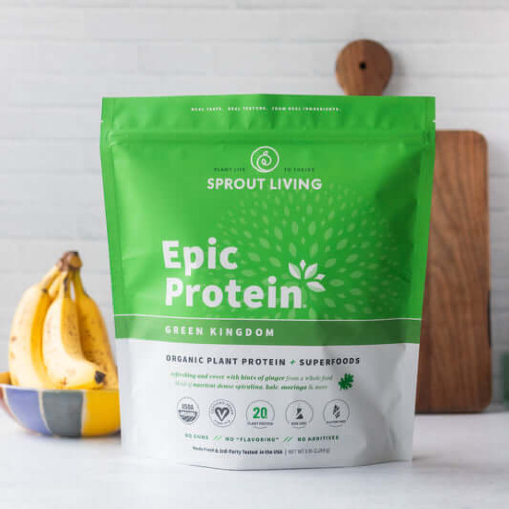 Sprout Living Epic Protein package with bananas and a cutting board in the background