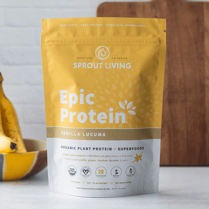 Sprout Living Epic Protein package with bananas in the background