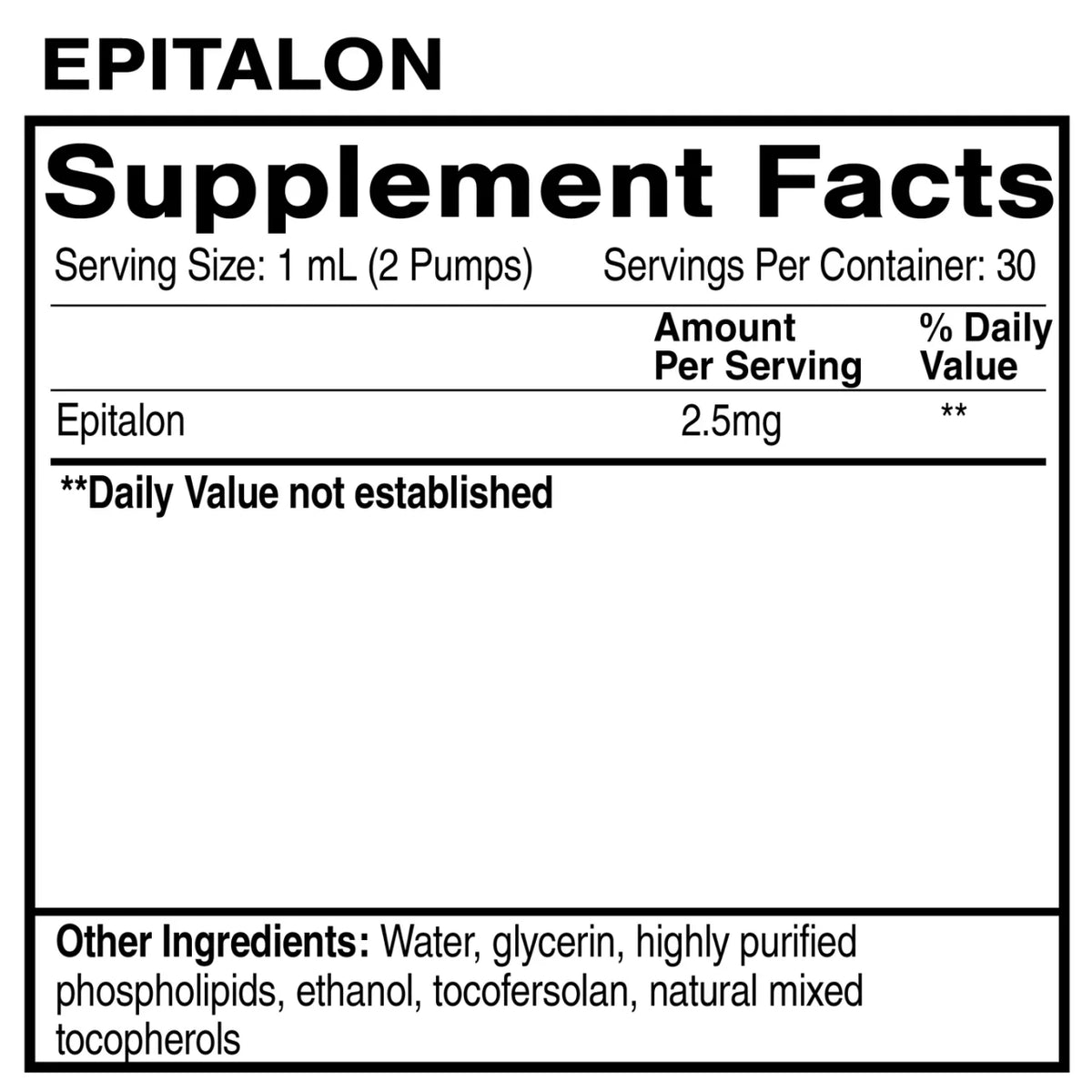 Epitalon Supplement Facts label detailing serving size and ingredients for Cellular Longevity Supplement.