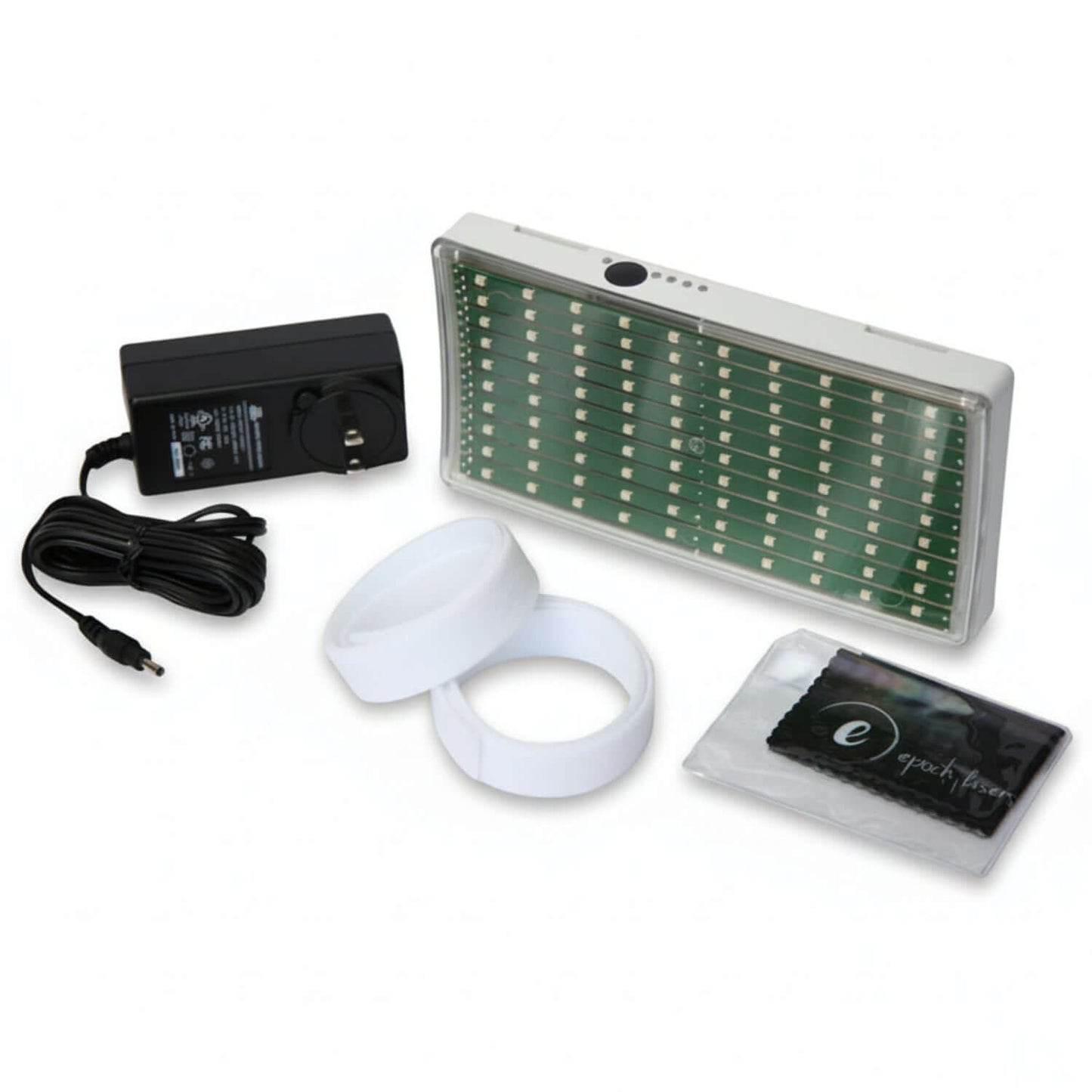 Portable Infrared Light Therapy device with accessories, including power adapter and treatment pads.