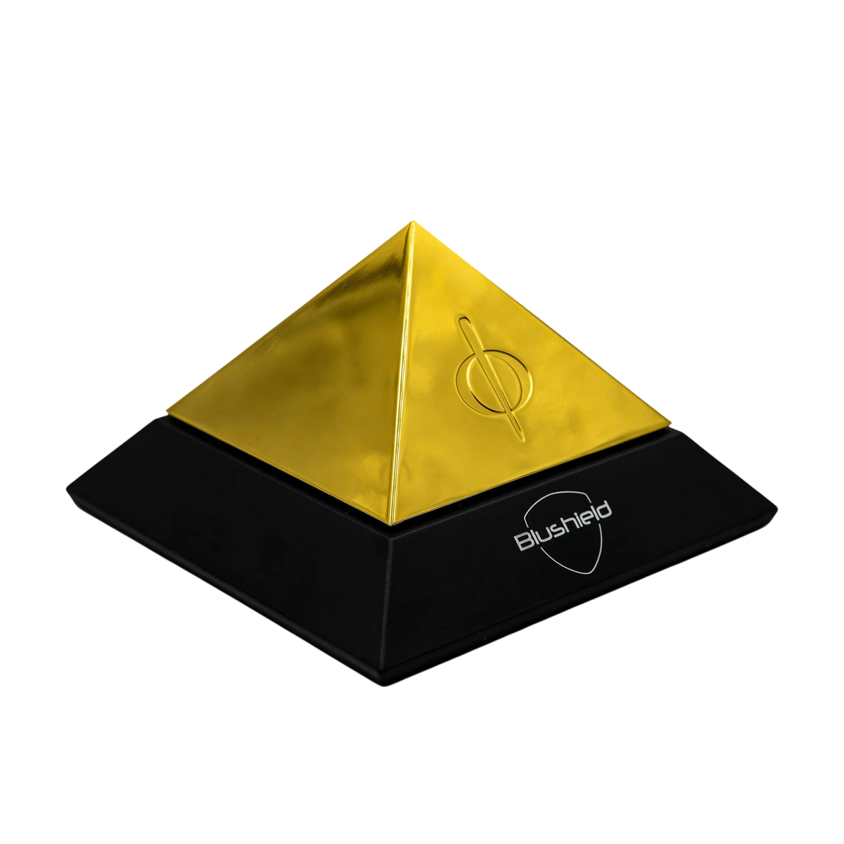 Evo Pyramid by Blushield, a golden EMF protection device in a sleek black base design.