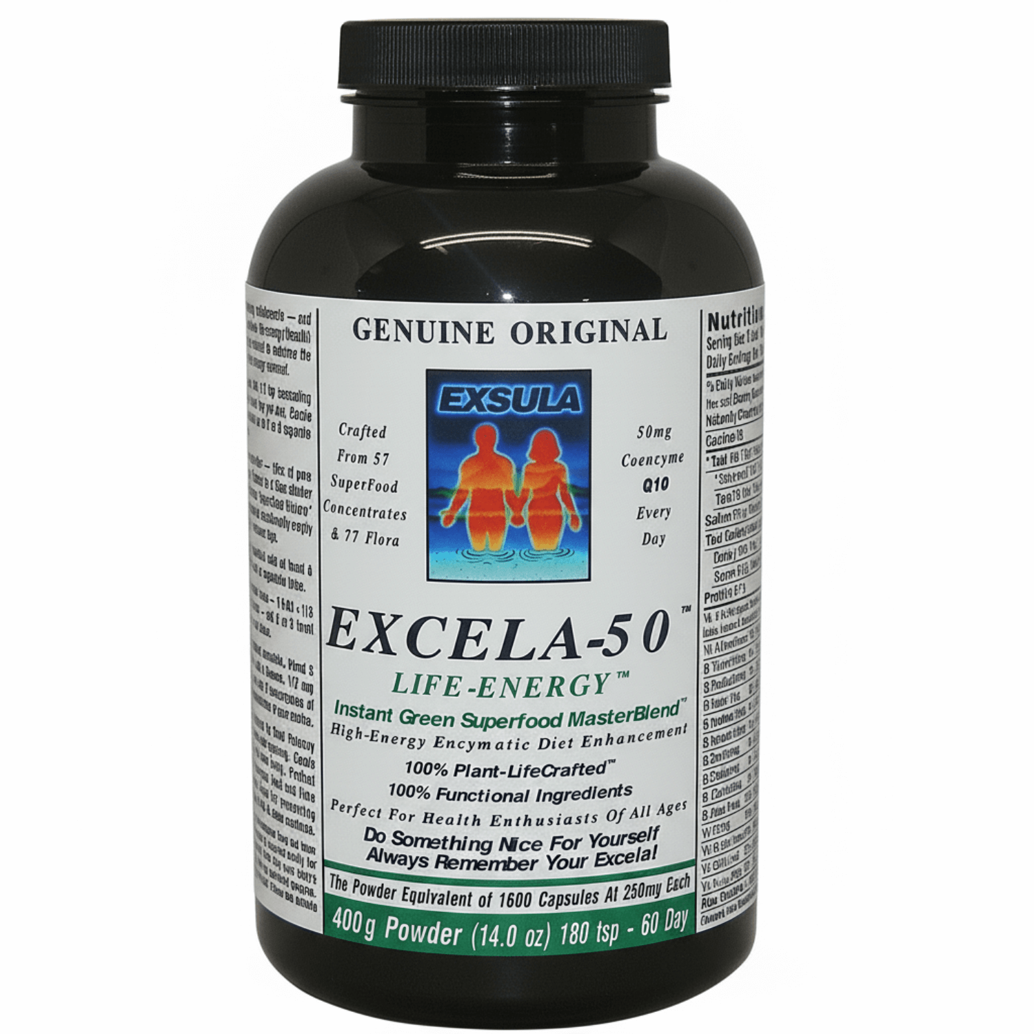 Excela-50 Beginner Superfood Powder for energized living and health benefits in a 400g container.