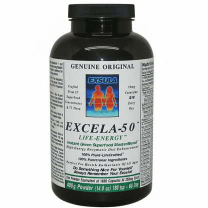 Excela-50 Beginner Superfood Powder for energized living and health benefits in a 400g container.