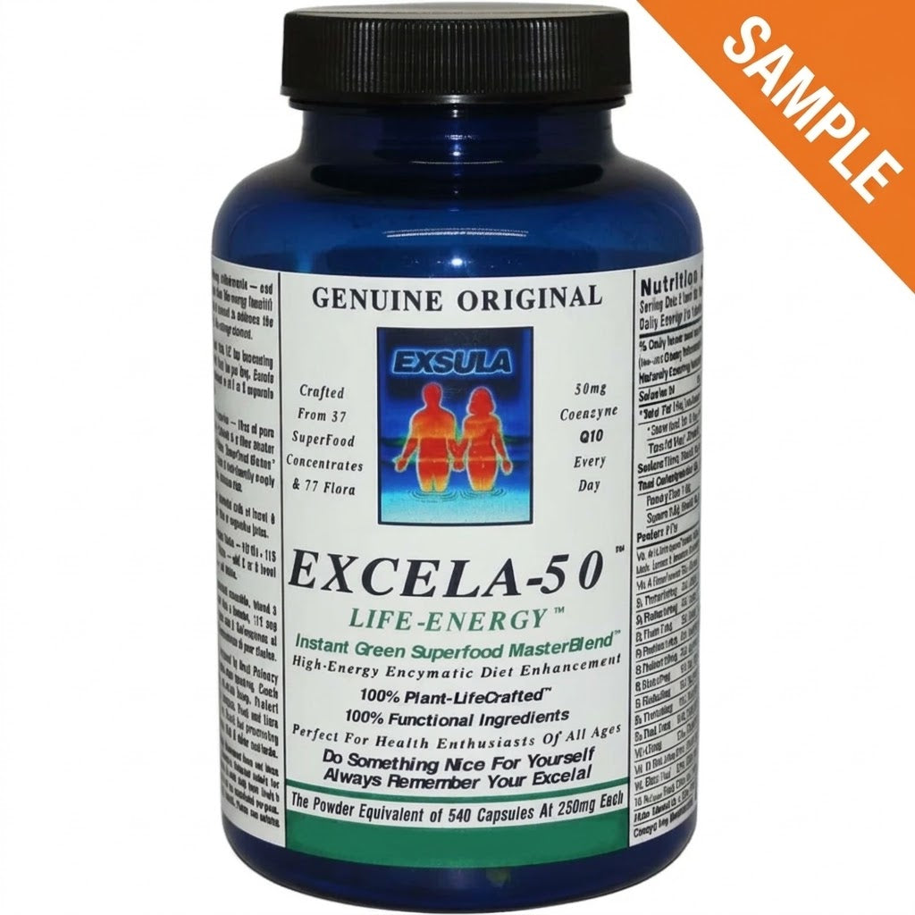 Excela-50 Beginner Superfood Powder in a blue bottle with nutrition facts and description for health enthusiasts.