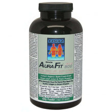 AuraFit superfood for energy and performance in a black container with product details on label
