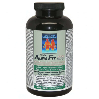 AuraFit superfood for energy and performance in a black container with product details on label