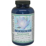 AuraGreens Chlorophyll Rich Energy Supplement in a blue container with a floral design, promoting plant-based energy.