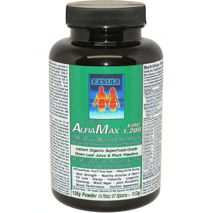 AuraMax superfood for energy in a black bottle showcasing plant-based ingredients and nutritional benefits.