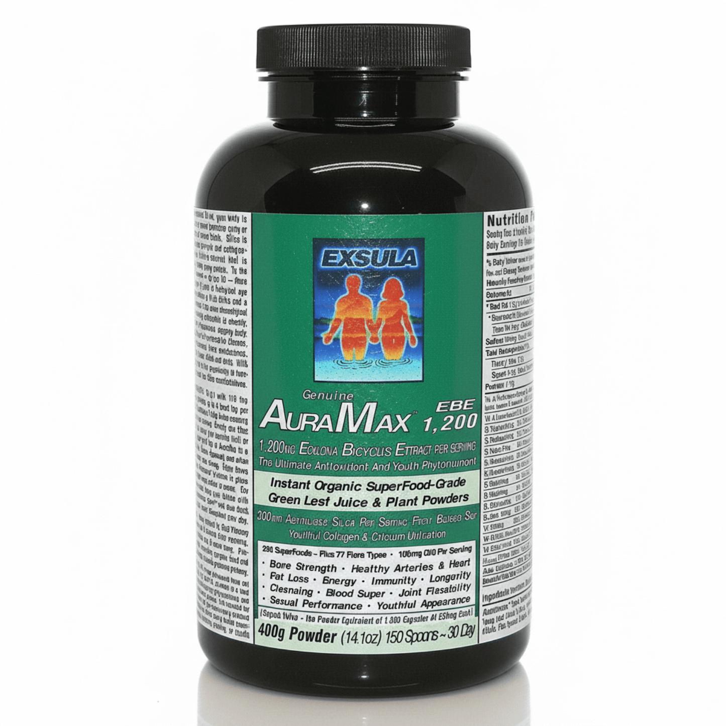 AuraMax superfood for energy supplement bottle, packed with Ecklonia and Adaptogens for vitality.