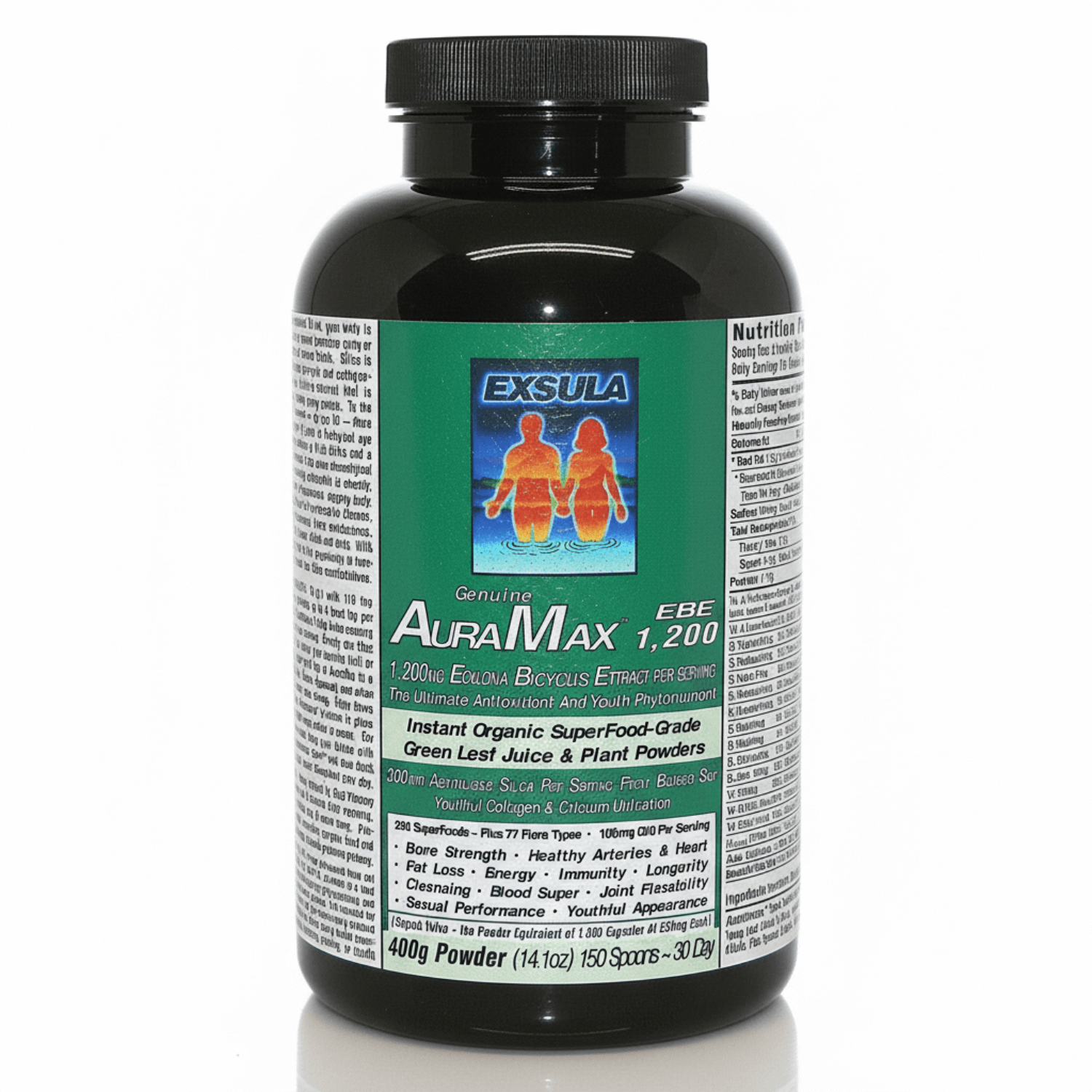AuraMax superfood for energy supplement bottle, packed with Ecklonia and Adaptogens for vitality.