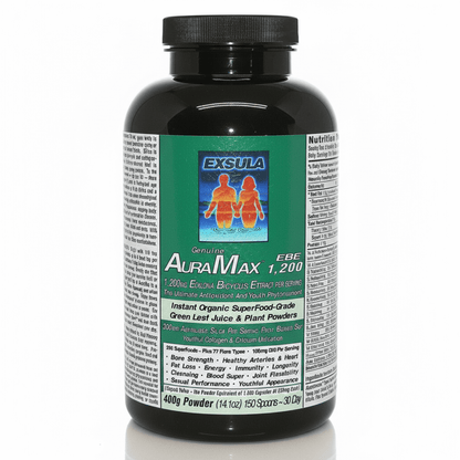 AuraMax superfood for energy supplement bottle, packed with Ecklonia and Adaptogens for vitality.