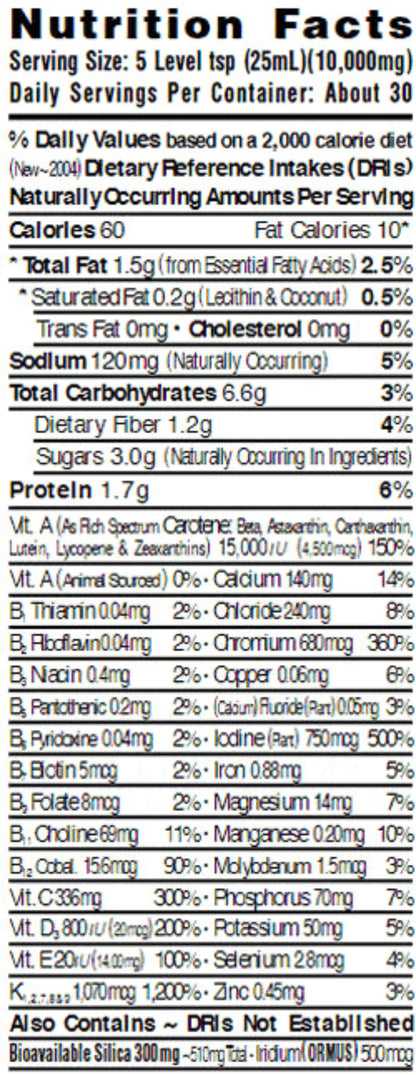Nutrition facts label for AuraMax superfood for energy, detailing calories and nutritional values.