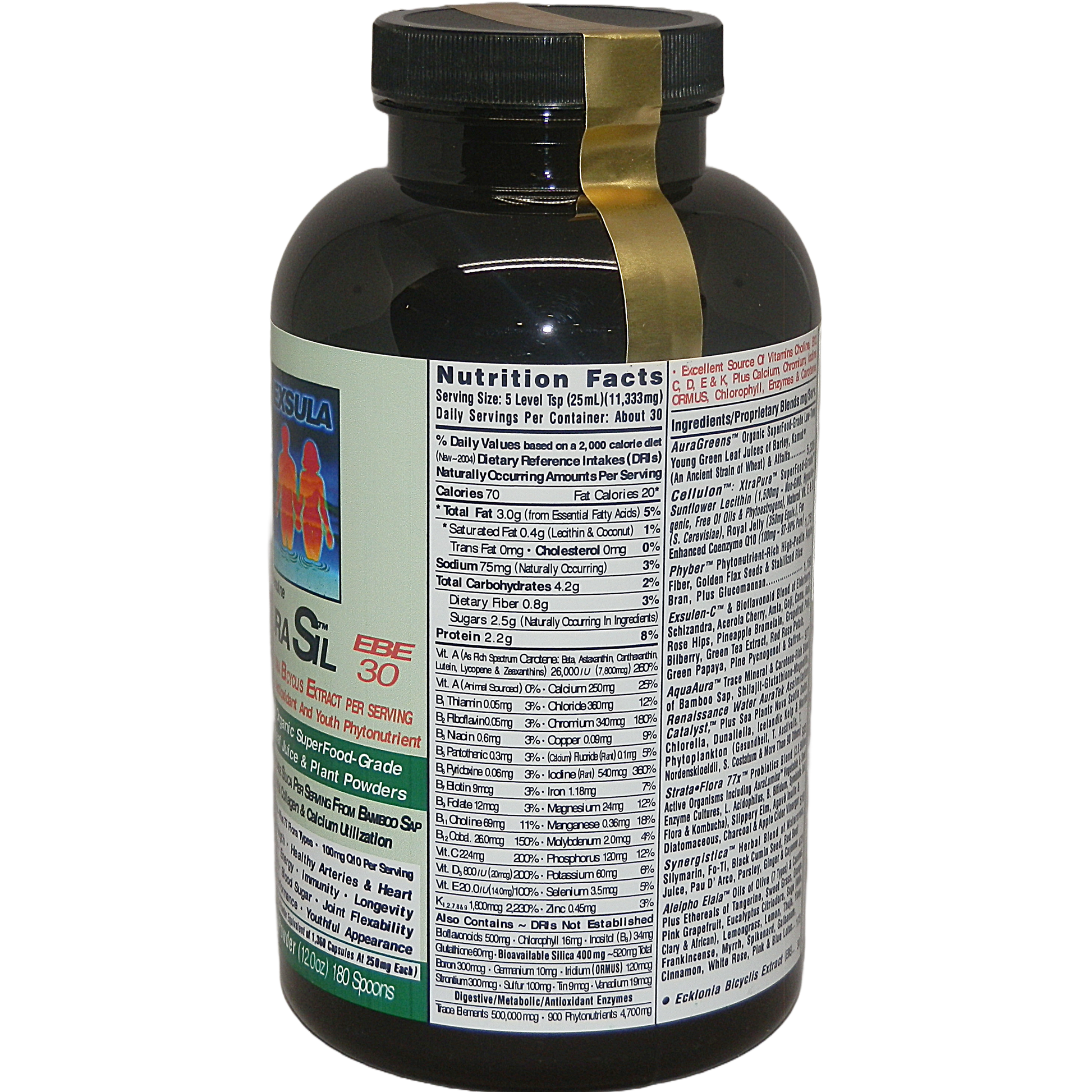 Black supplement bottle with gold stripe and nutrition label on a white background