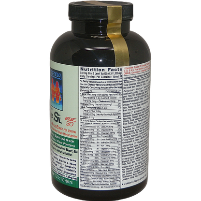 Black supplement bottle with gold stripe and nutrition label on a white background