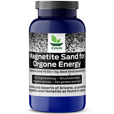 Magnetite Sand for Energy Devices by Exsula Minerals in a blue container with a black sand concentrate label.