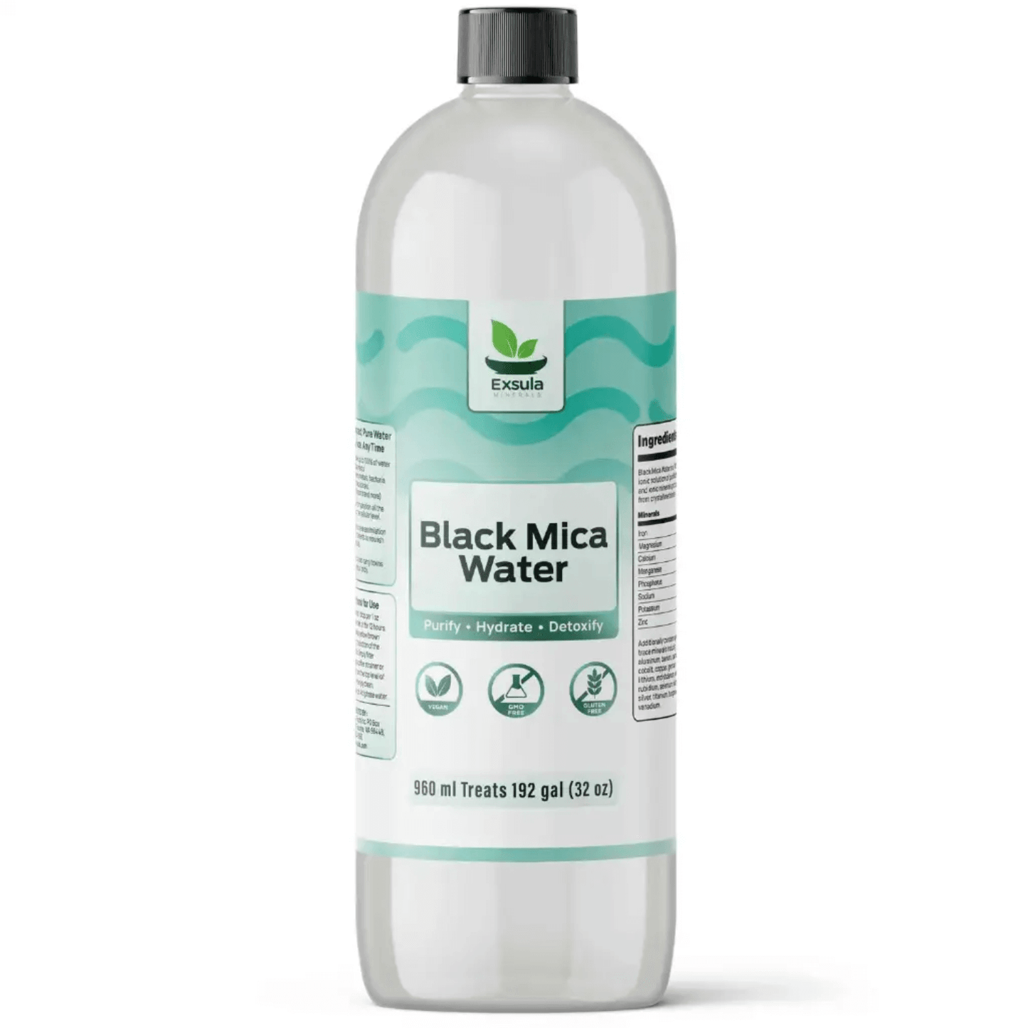 Bottle of Exsula Black Mica Water, concentrated ionic minerals for purification and hydration.
