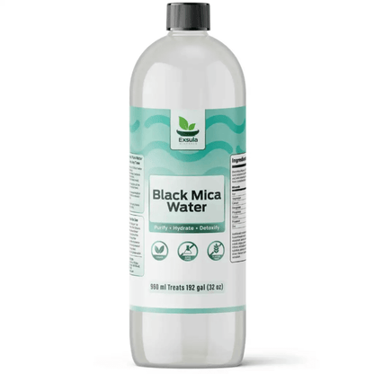 Bottle of Exsula Black Mica Water, concentrated ionic minerals for purification and hydration.