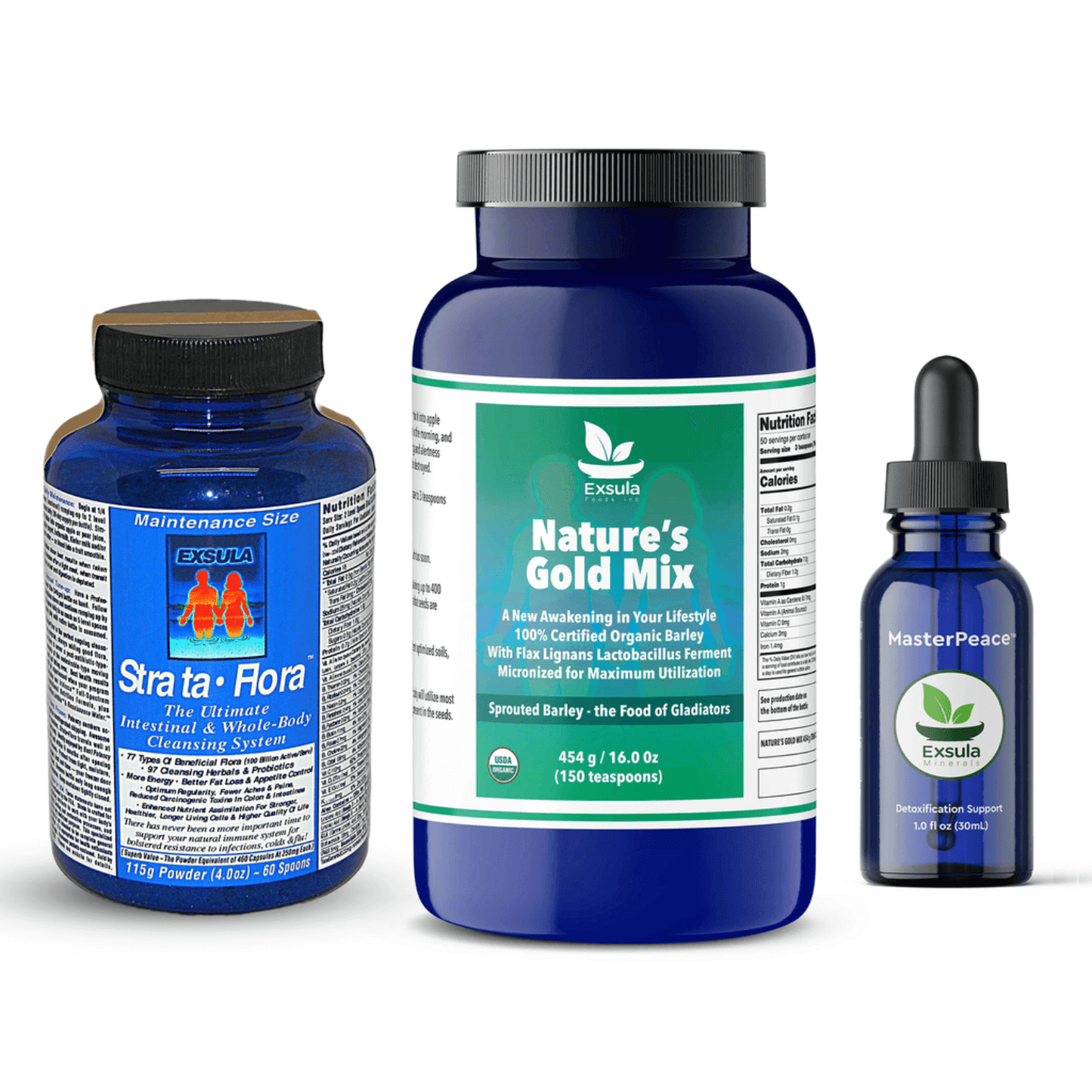 Three products from Exsula Superfoods on white background 1. Strata-Flora the ultimate intestinal and whole body cleansing system 2. Nature's Gold Mix a new awakening in your lifestyle 100% certified organic barley with flax lignans lactobacillus ferment micronized for maximum utilization 3. Master Peace